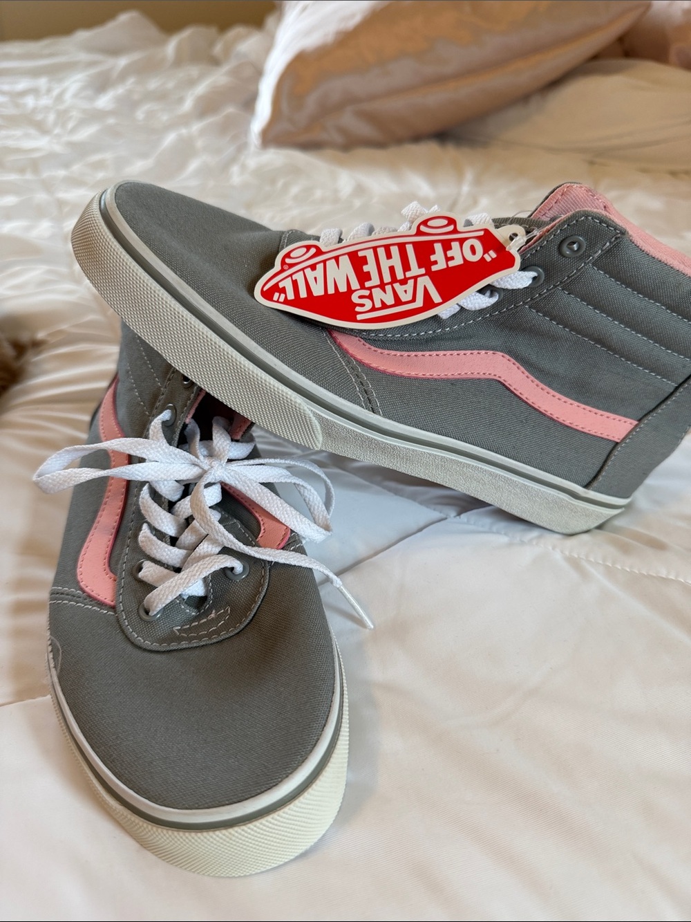 Vans Gray Canvas High-Top Sneakers with Pink Stripe
